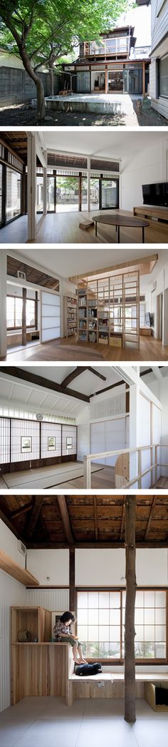 four different views of the inside and outside of a building with multiple levels, windows, and balconies