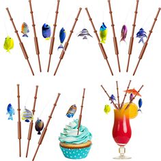 cupcakes with sticks sticking out of them next to an assortment of colorful decorations