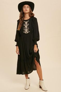 So Smitten Embroidered Ruffled Midi Dress – Mota Boutique Midi Ruffle Dress, Invisible Zipper, Long Sleeve Midi Dress, Embroidered Dress, Smocking, Tshirt Dress, Shirt Dress, Zipper, Midi Dress