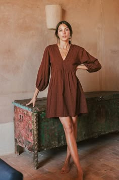 Chocolate cotton jacquard ALMA Mini Dress Brown Dress, Cotton Skirt, Comfortable Fashion, Simple Dresses, Slow Fashion, Cotton Dresses, Capsule Wardrobe, A Woman, Short Dresses