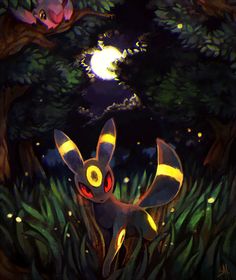 an image of a cartoon pokemon in the woods at night with glowing eyes and ears