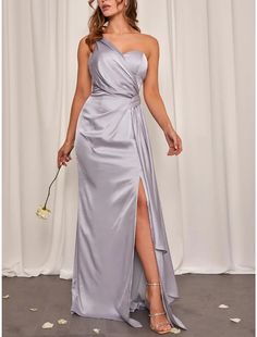 Fabric: Silk Satin Silhouette: Sheath/Column Neckline: One-Shoulder Hemline/Train: Floor-length Embellishment: Ruffles,Split Side Sleeve: Sleeveless Shown Color: Light Purple Lillie Grace, Bridesmaid Duties, Dress One Shoulder, Evening Dresses Cocktail, Satin Maxi, Bride Tribe, Long Bridesmaid Dresses, Stretch Satin, Side Split