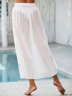 Peilia - Semi-Sheer High-Waist Wrap Skirt Cover-Up in Plain White, Designed for Womens Swimwear & Clothing; Excludes Bikini Option Elastic Waistband Bottoms For Beach Season, White Stretch Bottoms For Beach Party, Sheer Flowy Skirt Bottoms, White Summer Bottoms For Pool, Summer Beach Maxi Skirt With Elastic Waistband, White Stretch Bottoms For Pool, Summer Solid Color Bottoms For Beach Party, White Bottoms For Beach Party, Solid Color Summer Bottoms For Beach Party