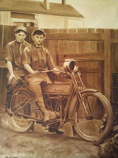 a painting of two men sitting on a motorcycle