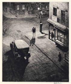 an old black and white photo of people walking down the street at night with buildings in the background