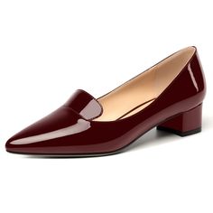 a women's shoe with a pointed toe and an insulated heel in burgundy leather