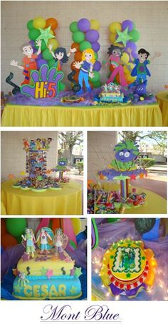 a collage of photos with balloons, cake and decorations for a children's birthday party