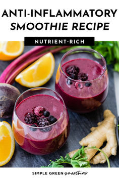 Two glasses filled with anti inflammatory smoothie Topped with frozen berries. Low Glycemic Fruits, Lemon Smoothie, Food That Causes Inflammation, Nutrient Packed Smoothies, Easy Green Smoothie, Ginger Smoothie, Good Smoothies, Smoothie Ingredients, Healing Food