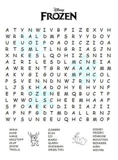 the frozen word search is shown in black and white with an image of animals on it