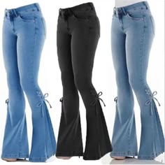 Lady Casual Bowknot Flared Jeans Retro Bell Bottoms Stretch Denim Pants Trousers | eBay Bootleg Jeans, Flare Denim Jeans, Stretchy Jeans, Light Blue Denim, Denim Flares, Denim Trousers, Dream Clothes, Black Skinnies, Flare Pants