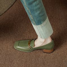 Green Round Toe Oxfords For Office, Office Leather Shoes With Low Heel And Metal Feet, Green Slip-on Loafers With Round Toe, Green Slip-on Closed Toe Loafers, Green Almond Toe Loafers With Leather Sole, Green Round Toe Oxfords For Work, Green Loafers For Business In Spring, Green Oxfords For Work With Round Toe, Green Oxfords With Leather Sole For Work