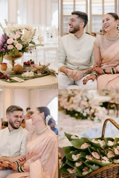 two people sitting next to each other in front of flowers and greenery on tables