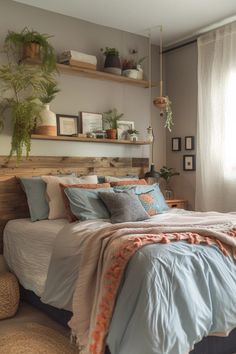 a bed sitting in a bedroom next to a window with curtains on the windowsill