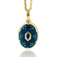 Oval locket pendant, 18k yellow gold, Victoria Collection by Victor Mayer, petrol blue vitreous enamel with paillon inlays, 1 facetted pear shaped sapphire, measurements app. 20.0 mm x 15.0 mm About the creator Victor Mayer Victor Mayer is internationally renowned for elegant timeless designs and unrivalled expertise in historic craftsmanship. Lovers of the extraordinary appreciate the beauty of Victor Mayer's designs, which use extremely rare techniques such as genuine enamel or elaborate engravings. Since 1890, the company has stood for the finest jewellery Hand Made in Germany. It is an open secret that the most renowned brands, such as Fabergé, entrust the company with the production of their most exquisite collections. Reference: V1752/PE/01/00/102 Brand: VICTOR MAYER Collection: Vict Fancy Sapphire, Vitreous Enamel, Oval Locket, Petrol Blue, Delicate Details, High Quality Jewelry, Pear Shaped, Precious Metals, Locket