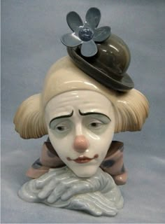 a ceramic statue of a clown wearing a hat