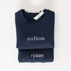 Custom embroidered toddler and kids crewneck sweatshirt.  Please reach out for bulk orders on sold out sizes!  Long-sleeved sweatshirts are very soft. 60% cotton, 40% polyester fleece. Coverstitched ribbed collar, coverstitched shoulder and armholes, coverstitched cuffs and bottom band.  HOW TO ORDER  -Select sweatshirt color and size from the drop-down menu -Select fond option from the dropdown menu -Type name or saying in the personalization box and thread color/ thread number. Please see list Personalized Embroidery, Kids Sweatshirt, Kid Names, Crewneck Sweatshirt, Sweat Shirt, Gender Neutral, Crew Neck Sweatshirt, Kids Outfits, Sweatshirts