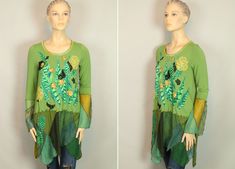 "Please consider this fabulous UpCycled  Shabby Chic green cotton knit top peplum design tunic blouse/ short dress embellished with vintage linen/ lace applique embroidered detail.  Asymmetrical Hem Raw Fringed Hem Lagenlook Art To Wear design. NOTE: I will be listing many more UpCycled clothes...: ) Please come back and see my other listings!   MEASUREMENTS: Bust: 19\" Sleeves: 25\" Length: 36\"   CONDITION: Pre owned/ UpCycled new condition (please see detailed pics).      PLEASE SEE ALL MY DETAILED PICTURES SINCE THEY ARE PART OF MY DESCRIPTION     IF YOU HAVE ANY QUESTIONS PLEASE DO NOT HESITATE TO ASK!" Shabby Chic Green, Peplum Design, Peplum Designs, Upcycled Art, Upcycled Clothes, Please Come Back, Vintage Linen, Art To Wear, Womens Blouses