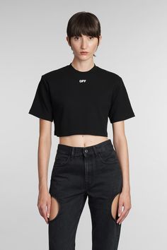 T-Shirt in black cotton, crop cut, short sleeves, round neck, ribbed knit, logo printed, 98% cotton 2% elastane, Made in Italy, Model is 180 cm and wear a size S | Off-White Women's T-shirt in Black Cotton | FW23/24 Italian Fashion Brands, Knit Logo, Urban Chic, Luxury Retail, Italian Fashion, White Tshirt, White T, Women Collection, Black Cotton