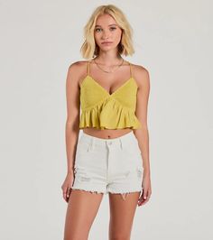 You'll radiate sweet charm in this babydoll crop top all season! With delicate spaghetti straps and a V-neckline, this top boasts a stretchy smocked bust that hugs your curves for a flattering fit. The lace-up back adds a touch of allure, while the ruffled cropped hem adds a playful touch. Complete the look in a denim skirt and block heels for any occasion!Fit & FeaturesGauze woven fabric, no stretchV-necklineStretchy smocked bustSpagehtti straps, lace-up backBabydoll silhouetteRuffled hemRu White Flirty Camisole For Summer, Flirty White Camisole For Summer, Cute V-neck Crop Top For Spring, Cute Summer Camisole With Adjustable Straps, Cute Spaghetti Straps Camisole For Summer, Cute Spaghetti Strap Camisole For Summer, Cute Summer Camisole With Spaghetti Straps, Spring Flirty Top With Delicate Straps, Flirty Spring Top With Delicate Straps