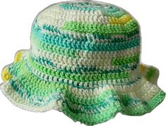 Handmade Green Crochet Hat, Casual Style, Green Knitted Hat For Spring, Multicolor Yarn Mini Hat With Curved Brim, Bohemian Green Hat With Short Brim, Bohemian Green Hats With Short Brim, Green Bohemian Brimmed Sun Hat, Bohemian Green Beanie Hat, Green Hand Knitted Crochet Hat One Size, Green One Size Casual Bucket Hat