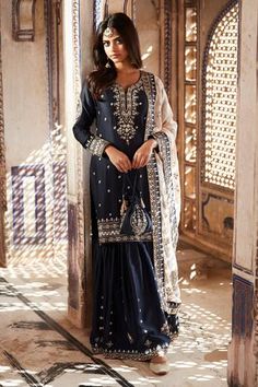 Shop for Matsya Blue Chanderi Silk Kurta Sharara Set for Women Online at Aza Fashions Navy Blue Kurta, Blue Sharara, Kurta Sharara Set, Kurta Sharara, Blue Kurta, Potli Bag, Silk Kurta, Navy Blue Fabric, Sharara Set