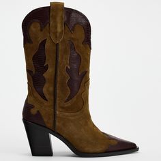 New With Tag Zara F/W '24 Collection Heeled Knee High Boots In Combination Suede. Cowboy Style. Textured Detail At Shaft. Side Pull Tabs. Pointed Toe. Heel Height: 2.8 Inches (7 Cm) Brown Upper 100% Cow Leather Lining 75% Cotton 15% Goat Leather 10% Polyester Sole 100% Sbs Insole 100% Goat Leather Brown Snip Toe Heeled Boots For Work, Zara Brown Heeled Boots For Work, Brown Zara Heeled Boots For Work, Zara Brown Ankle Boots, Chic Brown Zara Heeled Boots, Brown Snip Toe Heeled Boots For Winter, Zara Brown Pointed Toe Heeled Boots, Chic Brown Snip Toe Boots, Zara Brown Ankle Heeled Boots