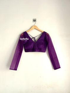 Purple  Blouse (with a pink undertone) made from satin silk and organza fabric. This blouse can be made in ANY COLOR. Please drop us a convo of you need it in a different color.  DETAILS * Front  & Back V-Neck * Full Sleeves * Padded (optional) * Hooks at the back for closure MEAUREMENTS & CUSTOMIZATIONS This blouse can be purchased in your standard sizing and pattern. Please choose your Chest Size (measured in inches) from the drop-down box.  For custom sizing please include the below measureme Purple Full Sleeve Blouse, Cheap Purple Blouse Piece For Diwali, Elegant Festive Sheer Blouse, Elegant Sheer Blouse For Party, Sheer Blouse Piece For Wedding, Purple Silk Evening Blouse, Pink Organza Blouse For Party, Purple Silk Formal Blouse, Formal Purple Silk Blouse