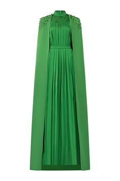 Featuring a stunning floor length design, the dress is a must-have for any formal occasion. Made with luxurious silk and tailored with pleats, this dress exudes elegance and sophistication. Perfect for making a statement and turning heads at any event. Green Silk Two Piece Outfit, Dress With Shoulder Cape, Dipped Dress, Silk Floor Length Dress, Draped Silk Dress, Fabric Bucket, Cape Sleeve Dress, Shoulder Cape, Happy Clothes