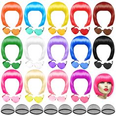 PRICES MAY VARY. Value pack: In total 42 pieces, you will receive 14 pieces wig cap, 14 pieces of short bob wigs and 14 pairs heart shaped sunglasses with different colors, vibrant and pretty, easy to meet your various match Quality Wigs: the cosplay hairpiece are made of polyethylene, reusable, and with netted cap, lightweight and adjustable, don't worry about your hair being damaged Colorful Sunglasses: the heart shaped rimless glasses are made of quality plastic, light for a comfortable exper Bachelorette Halloween Costume, Bachelorette Halloween, Colorful Wigs, Colorful Sunglasses, Neon Shorts, Heart Shaped Glasses, Up Theme, Rimless Glasses, Quality Wigs