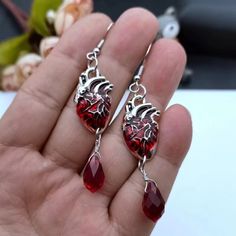 Bloody Heart Earrings Anatomical Earrings, Silver Crystal Earrings Gothic Earrings Teardrop Earrings, Femme Fatale Blood Earrings Birthstone - Froppin Olivia Rodrigo Inspired Outfits, Sekijiro Kan, Blood Jewelry, Wizard Gang, Killer Costume, Vampire Oc, Dr Accessories, Silver Crystal Earrings, Gothic Earrings