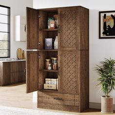 an open cabinet in the corner of a room with a potted plant on the floor