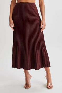 Twyla Pleated Suiting Maxi Skirt - Plum - MESHKI U.S Elegant Long Pleated Skirt With Elastic Waistband, Stretch Pleated Midi Bottoms, Long Stretch Pleated Skirt With Elastic Waistband, Pleated Stretch Flared Maxi Skirt, Fall Maxi Length Skirt, Stretch Pleated Maxi Skirt For Fall, Fitted Pleated Midi Maxi Skirt, Accordion Pleats Flowy Maxi Skirt, Long Accordion Pleats Maxi Skirt