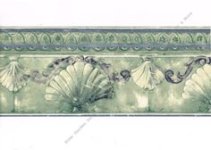 an ornate design on the side of a wall with flowers and leaves in green tones