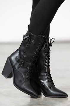 BEATRIX.- Statement faux leather boots.- Lace up front.- Inside zip closure.- Outer zip and buckle details.- Block heel.- Pointed toe.- Heel height 9.5cm/3.7".with KILLSTAR branding, 100% PU. Black Formal Boots, Victorian Boots, Goth Shoes, Goth Boots, Alt Goth, Witchy Fashion, Faux Leather Boots, Goth Outfits, Dark Fashion