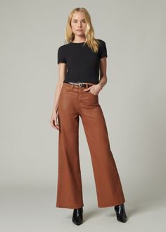 LEATHER BROWN Stretch Satin, Joes Jeans, Stretch Denim, Brown Leather, Inside Out, Full Length, Wide Leg, High Rise, Hand Wash