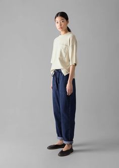 Suki Panelled Denim Pants | Indigo | TOAST Everyday Indigo Bottoms With Pockets, Indigo Bottoms With Pockets For Everyday, Utility Cotton Jeans With Elastic Waistband, Toast Skirt, Utility Indigo Cotton Bottoms, Toast Jacket, Toast Uk Clothing, Toast Kimono Jacket, Indigo Denim Trousers