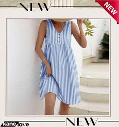 Light Blue Sleeveless Striped Mini Dress