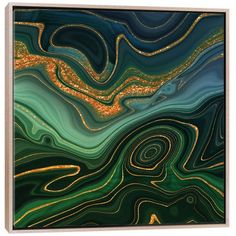 an abstract painting with gold and green colors on the bottom, it looks like waves