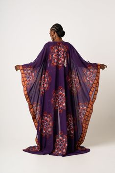 Chiffon Maxi Kaftan, Flowy Georgette Maxi Dress For Beach, Flowy Chiffon Long Sleeve Kaftan, Flowy Long Sleeve Chiffon Kaftan, Flowy Chiffon Maxi Kaftan, Bohemian Floor-length Georgette Maxi Dress, Flowy Chiffon Maxi Length Kaftan, Free Size Purple Festival Dress, Purple Chiffon Beach Dress