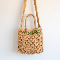 Elena Handbags Summer Floral Straw Shoulder Bag with Long Strap Beige Rectangular Straw Bag For Vacation, Rectangular Beige Straw Bag For Vacation, Casual Beige Square Straw Bag, Summer Woven Square Shoulder Bag, Summer Square Woven Shoulder Bag, Trendy Square Shoulder Bag For Beach, Trendy Square Shoulder Bag For The Beach, Summer Beige Crochet Rectangular Bag, Bohemian Rectangular Bag For Spring