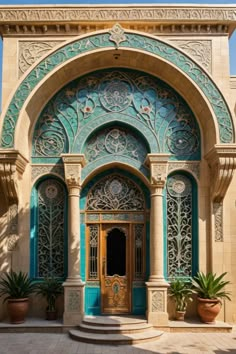 the entrance to an ornate building with potted plants on either side and blue doors