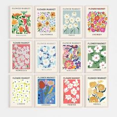 twelve flower market posters in different colors