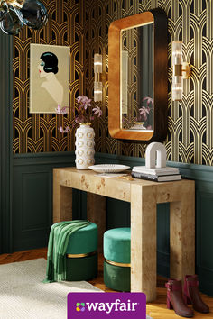 a dressing table with a mirror, stools and pictures on the wall behind it