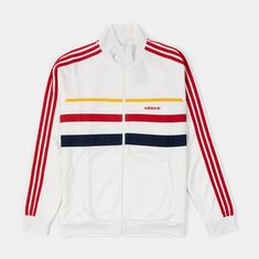 This track top nods to adidas' rich heritage of athletic apparel with a design that celebrates one of the biggest sporting events in the world. Made of soft interlock fabric, this cosy layer keeps you comfortable whether you're gearing up for your workout or winding down after a long day. White Adidas Logo Functional Track Jacket, White Adidas Functional Track Jacket, White Functional Adidas Track Jacket, White Adidas Athleisure Outerwear, White Adidas Logo Functional Outerwear, White Adidas Functional Outerwear, Adidas White Tops With Contrast Stripes, White Functional Adidas Outerwear, Functional White Adidas Outerwear