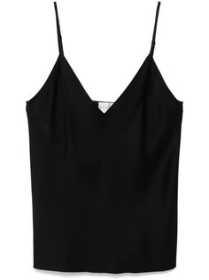 black satin finish V-neck adjustable spaghetti straps slip silhouette straight hem Silk V-neck Tank Top With Adjustable Straps, Satin V-neck Camisole With Delicate Straps, V-neck Camisole With Delicate Straps For Night Out, Black V-neck Top With Delicate Straps, Delicate V-neck Camisole For Night Out, V-neck Straps Camisole For Night Out, V-neck Camisole With Straps For Night Out, Satin V-neck Camisole For Night Out, Black V-neck Tank Top With Adjustable Straps