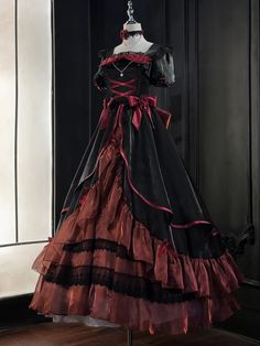 Vampire Dress Victorian, Goth Victorian Dress, Gothic Dress Elegant, Black Victorian Dress, Red Princess Dress, Dress With Choker, Satin Ruffle Dress, Red And Black Dress, Frilly Dress