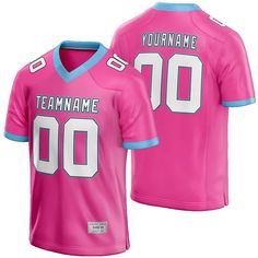 a women's pink football jersey with the name and number on it, that reads teamname