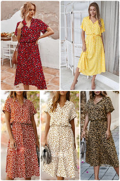 acelimosf™-Polka-dot print short-sleeved midi dress Midi Short Sleeve Dress, Knee Length Skirt, Polka Dot Print, British Indian, Dot Print, Ethiopia, Printed Shorts, Knee Length, Polka Dots