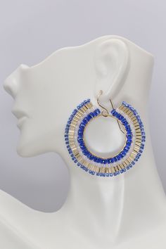 Handmade colorful boho statement earrings in the most gorgeous mix of cobalt blue, gold, and white. These artisan beaded hoop earrings were made with several sizes and shapes of seed beads. Each tiny bead is selected and hand sewn into place, one at a time with a needle and thread. No plastics, no glue, no looms - completely hand stitched with strong nylon thread.✔️Ear wires are gold filled✔️handmade in the USA✔️ships boxed and ready to gift in 3-5 business days ✔️lightweight & comfortable✔️LENG Blue Beaded Round Hoop Earrings, Blue Round Beaded Earrings With Spacer Beads, Blue Beaded Small Hoop Jewelry, Blue Beaded Hoop Earrings Gift, Gift Blue Beaded Hoop Earrings, Party Blue Beaded Earrings With Gold Beads, Handmade Blue Beaded Hoop Earrings, Blue Beaded Small Hoop Earrings, Small Blue Beaded Hoop Earrings