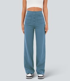 Women’s High Waisted Button Multiple Pockets Straight Leg Casual Pants - Halara Straight Leg Pants With Snap Buttons For Spring, Casual Wide Leg Pants With Buttoned Pockets, High-rise Pants With Button Closure For Work, High Rise Pants With Button Closure For Work, Casual High Waist Pants With Buttoned Pockets, High Waist Bottoms With Buttoned Pockets, Chic High Rise Wide Leg Pants With Button Closure, Casual High Waist Bottoms With Buttoned Pockets, High Rise Blue Bottoms With Buttoned Pockets